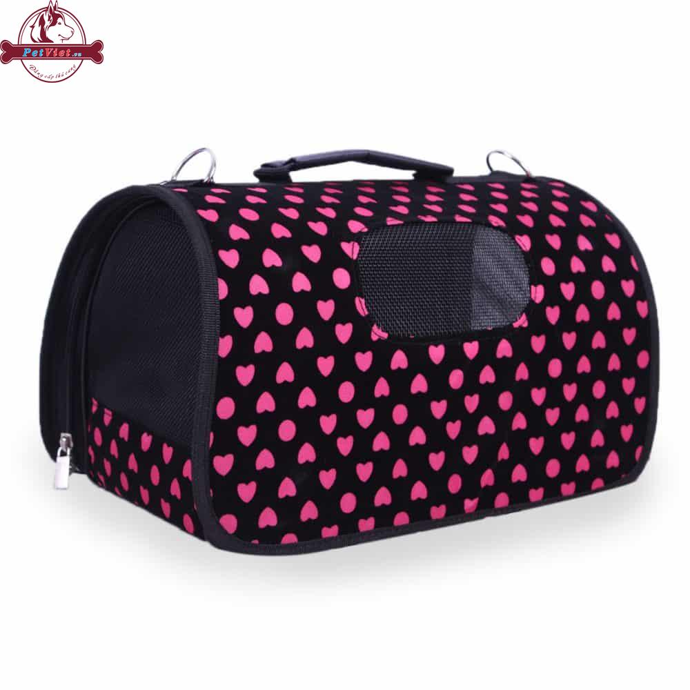 Túi Đựng Chó Mèo Anime Màu Đen Trái Tim Hồng Chấm Bi